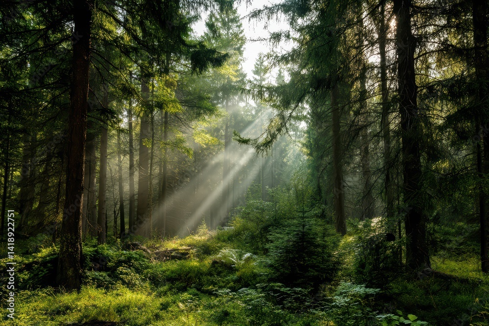 Fototapeta premium Sunlight Beams in Lush Forest with High Definition Details