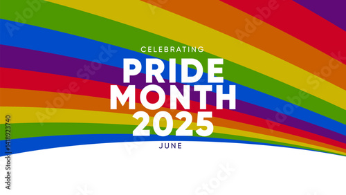 Pride Month Banner With Rainbow Gradient Ribbon Background. Celebrating Pride Month Web Banner Design. Trendy Pride Banner with Pride Month Text and Colorful Rainbow.