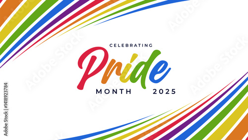 Pride Month Banner With Rainbow Gradient Ribbon Background. Celebrating Pride Month Web Banner Design. Trendy Pride Banner with Pride Month Text and Colorful Rainbow.