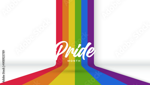 Pride Month Banner With Rainbow Gradient Ribbon Background. Celebrating Pride Month Web Banner Design. Trendy Pride Banner with Pride Month Text and Colorful Rainbow.