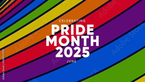 Pride Month Banner With Rainbow Gradient Ribbon Background. Celebrating Pride Month Web Banner Design. Trendy Pride Banner with Pride Month Text and Colorful Rainbow.