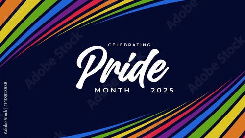 Pride Month Banner With Rainbow Gradient Ribbon Background. Celebrating Pride Month Web Banner Design. Trendy Pride Banner with Pride Month Text and Colorful Rainbow.