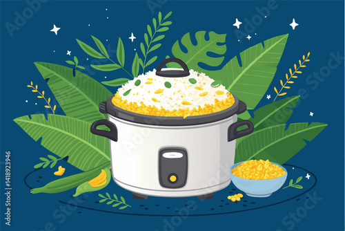 A colossal rice cooker, overflowing with steaming, fragrant Nasi Liwet, a traditional Indonesian rice dish.  The scene is vibrant and visually appealing.