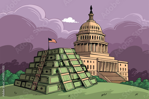 Surreal illustration A imposing government building precariously perched atop a colossal stack of money, symbolizing corruption and economic disparity.  Unstable foundation.