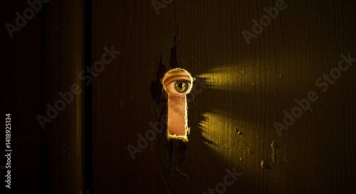 Eye Looking Through Keyhole on Wooden Door in Shadowy Light