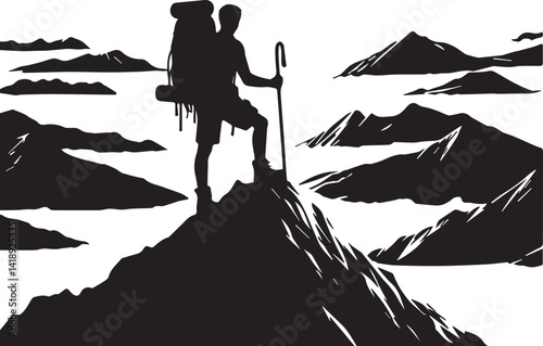 Adventurer Silhouette on Mountain Peak vector illustration