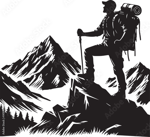 Adventurer Silhouette on Mountain Peak vector illustration