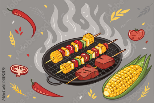 Delicious grilled meat skewers and charred corn on the cob sizzling on a BBQ grill, displaying perfect grill marks and appetizing textures.