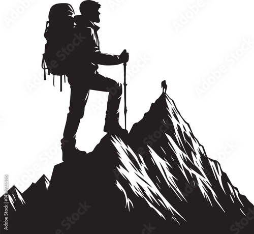 Adventurer Silhouette on Mountain Peak vector illustration