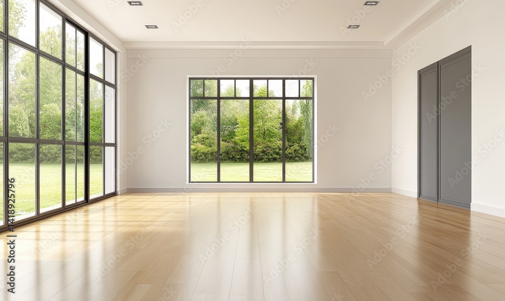 Spacious, light-filled room with large windows overlooking a garden. Bright, modern interior design Spacious, light-filled room with large windows overlooking a garden. Bright, modern interior design