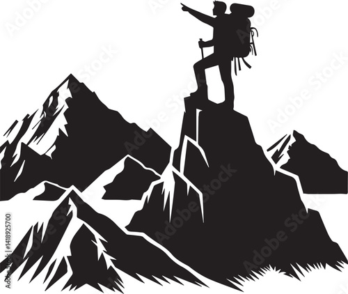 Adventurer Silhouette on Mountain Peak vector illustration