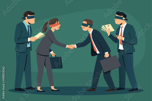 Discreet exchange of cash between businesspeople in suits; shady deal, bribery, corruption, illicit transaction.