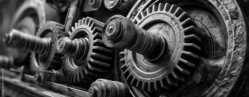 Close-up of intricate gears showcasing detailed mechanical engineering and industrial design in black and white. Close-up of intricate gears showcasing detailed mechanical engineering and industrial design in black and white.