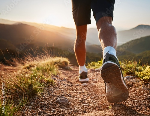 Close up man feet trail running in nature