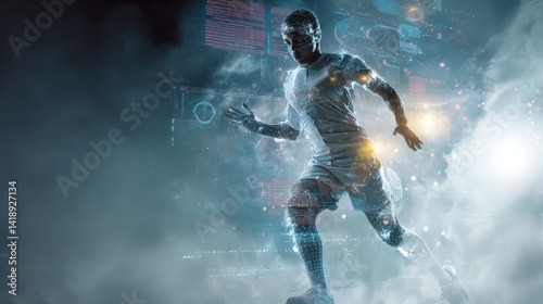 Fototapeta Naklejka Na Ścianę i Meble -  A dynamic image of a man running through a cloud in a futuristic sports setting merging the physical and digital worlds