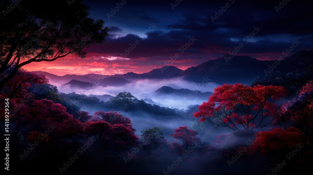 Naklejka premium Misty mountain sunrise, colorful forest landscape
