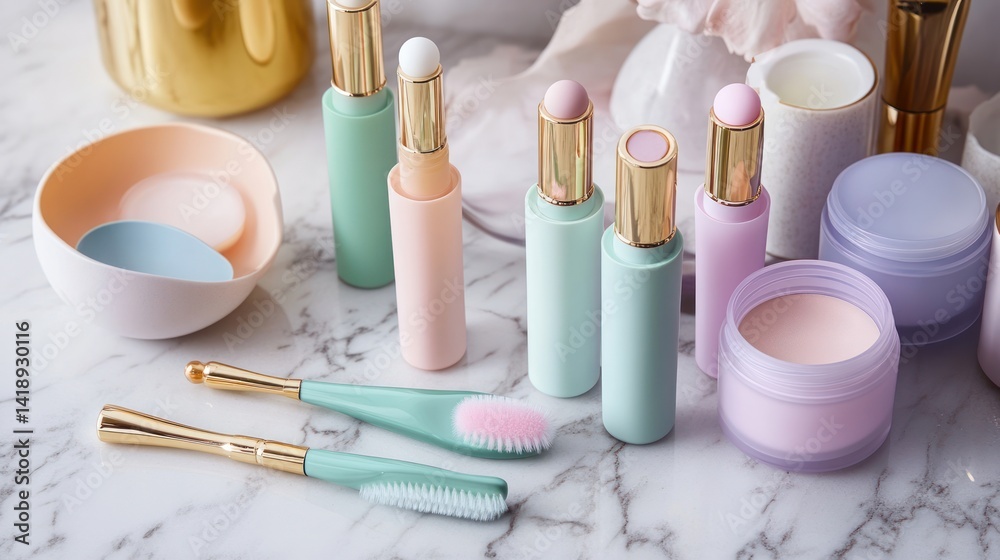 Pastel Beauty Products and Brushes on Marble Pastel Beauty Products and Brushes on Marble