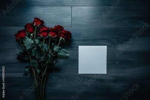 Red roses and blank card on dark wood (1) photo