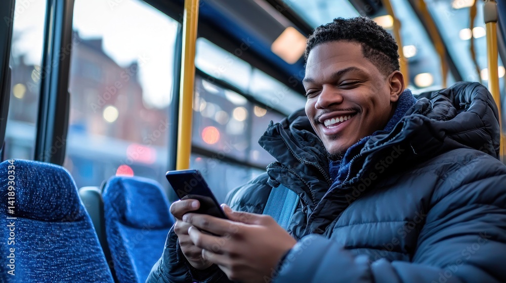 Smiling Man Texting on Bus in City Smiling Man Texting on Bus in City