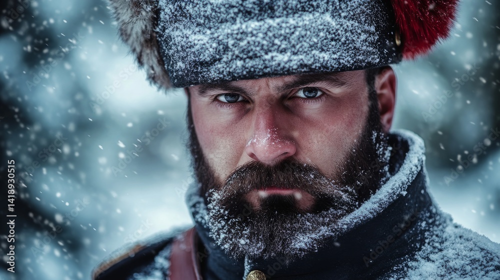 A fierce soldier with a majestic beard stares intensely into the camera. Snowflakes fall gently around him. His historical attire evokes a sense of strength and resilience. Generative AI