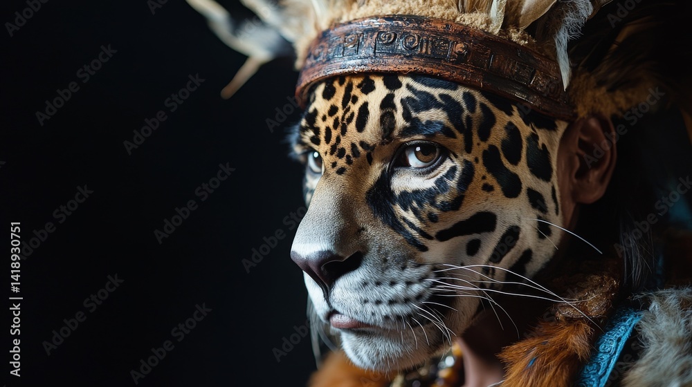 A striking portrait blending human and animal traits. The character embodies a fierce spirit. This visual art challenges perceptions of identity. Generative AI