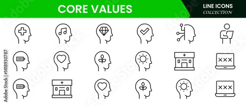 Core Values Line Icons Stock Illustration" refers to a colle Stock Illustration" refers to a collection of minimalist, line-drawn icons representing essential organizational or personal principles.