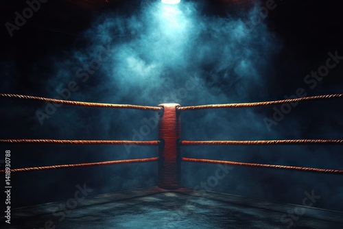 Dark cinematic wrestling ring corner with spotlight and smoky atmosphere