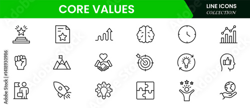 Core Values Line Icons Stock Illustration" refers to a colle Stock Illustration" refers to a collection of minimalist, line-drawn icons representing essential organizational or personal principles.
