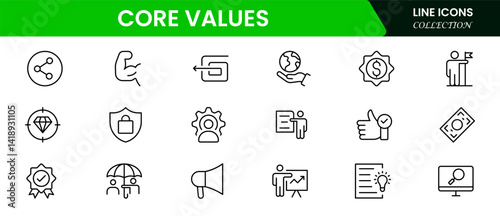 Core Values Line Icons Stock Illustration" refers to a colle Stock Illustration" refers to a collection of minimalist, line-drawn icons representing essential organizational or personal principles.