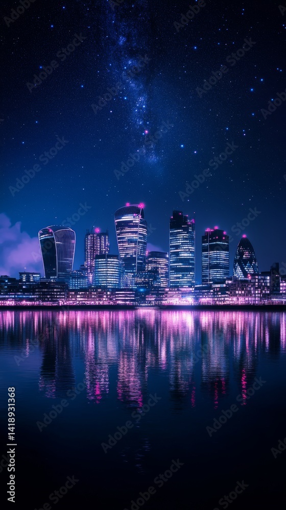 A vibrant city skyline reflects in calm waters at night. Stars twinkle above, casting a dreamy light on modern buildings. Experience the beauty of urban landscapes. Generative AI