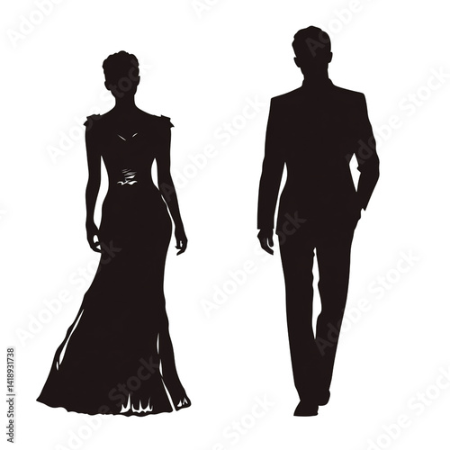 Elegant silhouette of a woman in a long gown and a man in a suit, representing formal wear, fashion, and special occasion on a transparent background