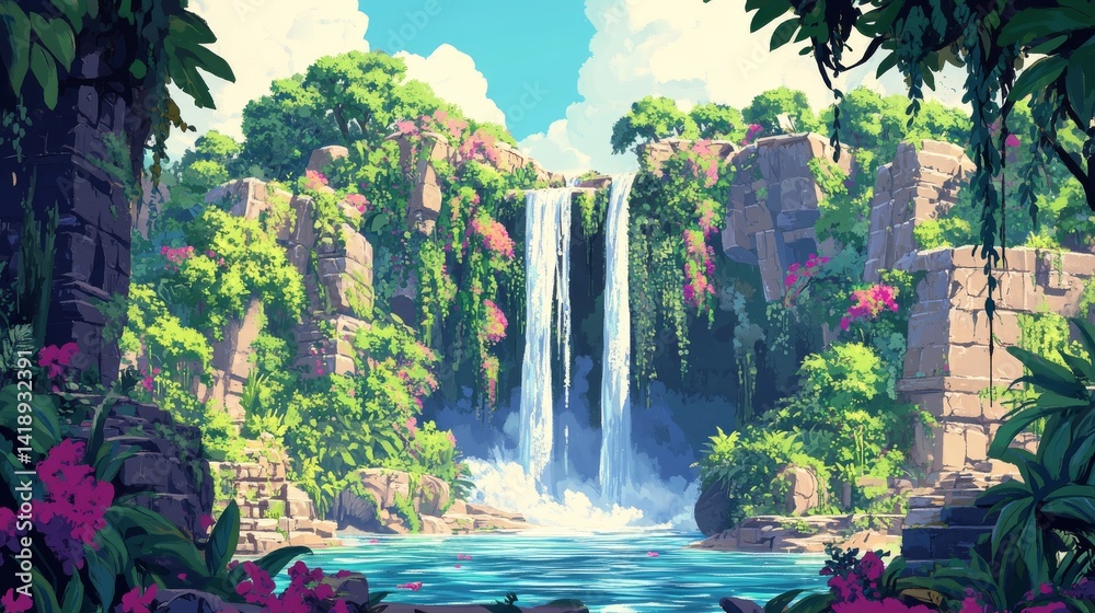 A stunning waterfall cascades into a serene pool in a lush tropical paradise. Experience nature at its finest through vibrant colors and intricate details. Generative AI