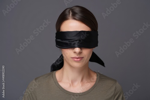 young woman wearing black blindfold isolated on grey