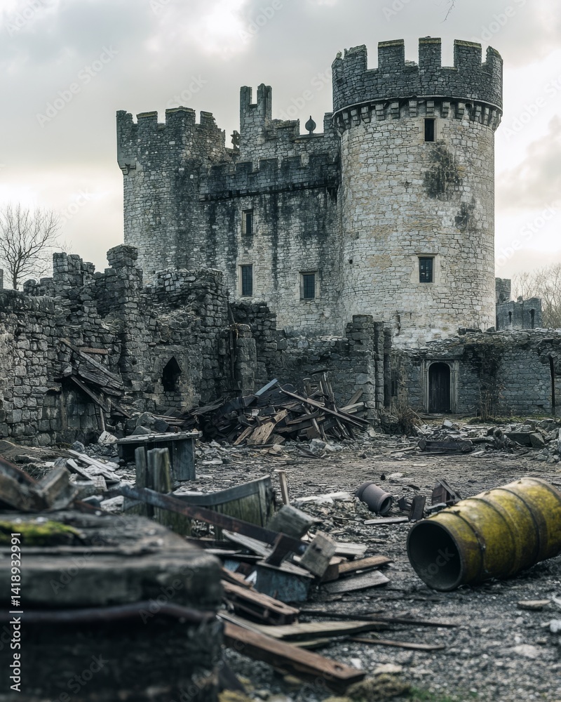 A haunting view of an old castle surrounded by ruins. The dramatic clouds add to the mysterious atmosphere. Hope fades but stories remain. Generative AI