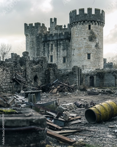 Obraz na płótnie A haunting view of an old castle surrounded by ruins. The dramatic clouds add to the mysterious atmosphere. Hope fades but stories remain. Generative AI w salonie