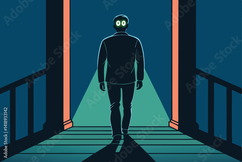 Silhouette of a man, shrouded in darkness, with intensely glowing dollar sign eyes, conveying greed and ambition.