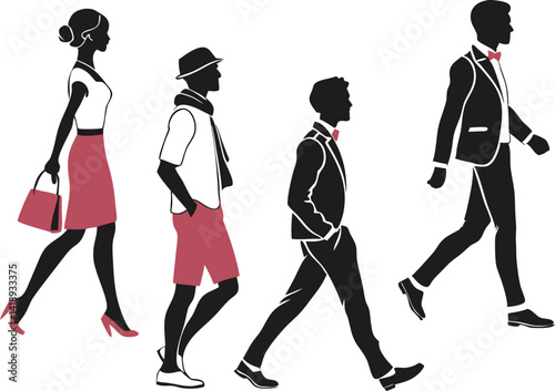 Fashion silhouettes of people walking in various outfits