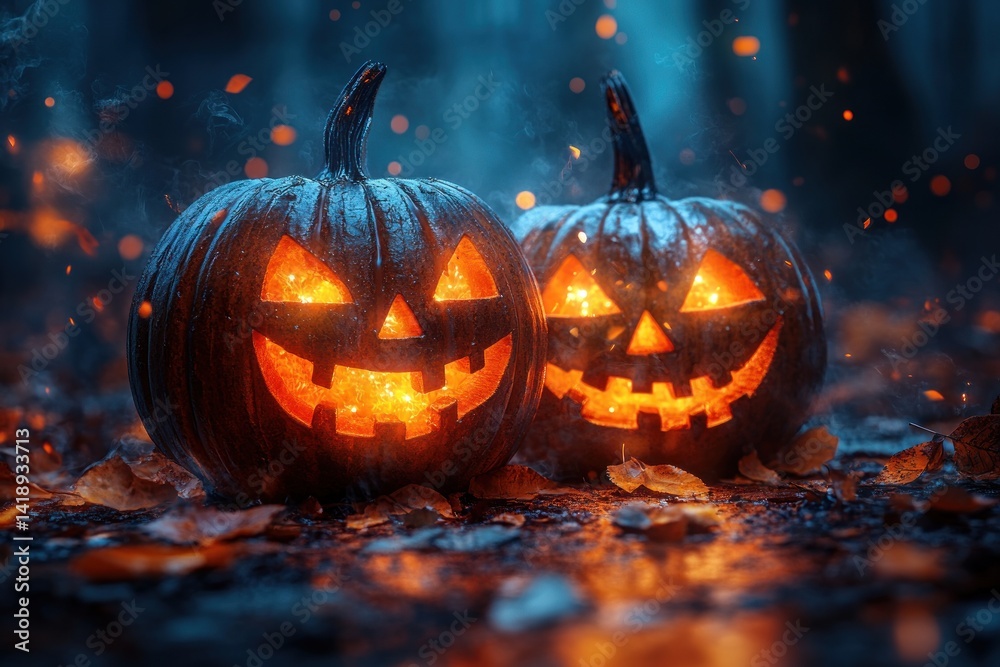 Naklejka premium Glowing Jack O Lanterns in Eerie Autumn Forest at Night with Burning Candles and Halloween Pumpkin Heads