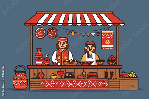 Vibrant vector illustration of a bustling marketplace stall showcasing handcrafted traditional goods; intricate details, diverse items.