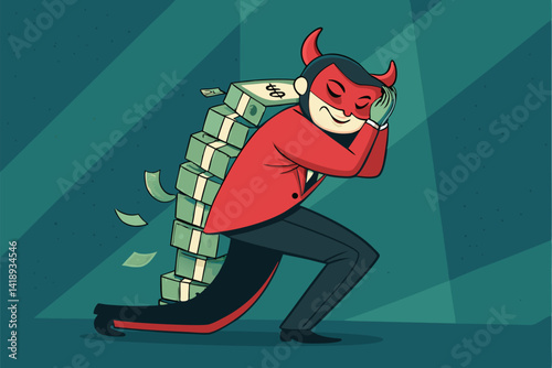 A masked banker, devil horns visible, gleefully hugs a stack of money, bathed in ominous red light.  High detail, dramatic lighting.
