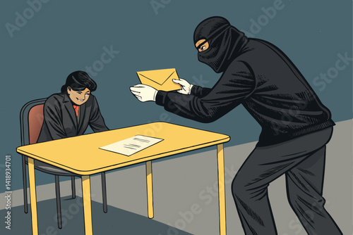 A mysterious figure in a mask secretly exchanges an envelope under a table in a dimly lit room; clandestine meeting, intrigue.