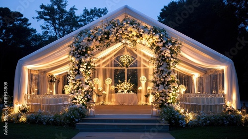 Elegant wedding tent at twilight, floral arch, lit reception photo