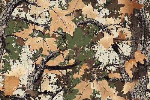 Camouflage background. Hunting pattern. Forest background. Digital camouflage. Real tree hunting camouflage seamless pattern design. Tree Pattern. Oak tree. Deer hunting.