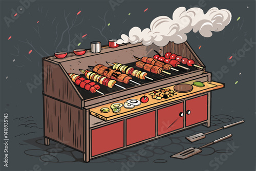 A massive outdoor grilling station, billowing smoke, loaded with skewers of grilling meats.  Epic BBQ feast in progress.