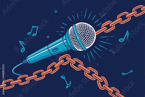 A powerful microphone shattering metallic chains, symbolizing freedom of speech and breaking free from oppression.  Detailed, realistic rendering.