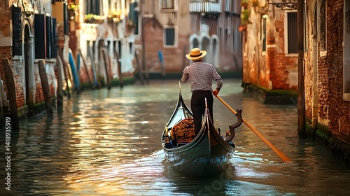 Obraz na płótnie A skilled Venetian gondolier deftly guides a traditional gondola through the picturesque canals of Venice, w salonie