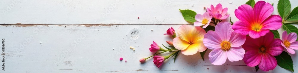 Fototapeta premium Delicate blooms arranged on weathered white wood , celebration, flatlay, wood grain