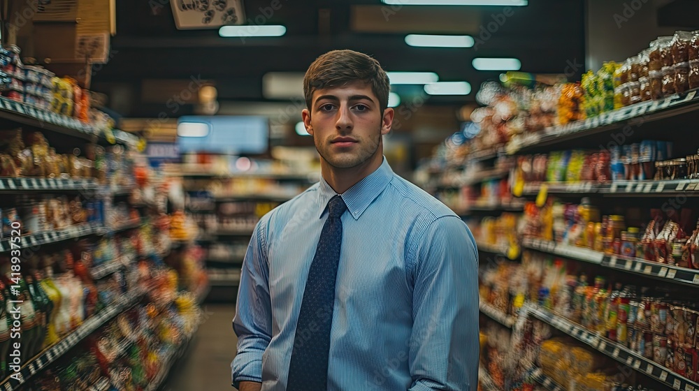 custom made wallpaper toronto digitalA smiling young man stands in a grocery store, dressed in a blue shirt and a dark cardigan.