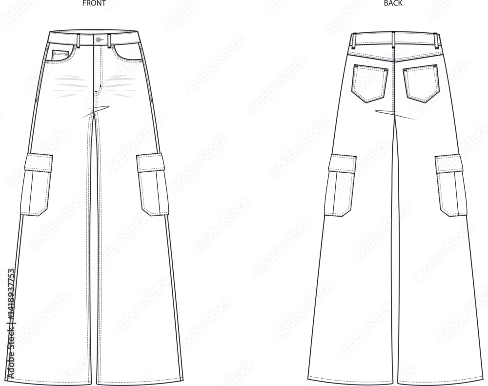 © GD CREATION - Women's high rise cargo pants technical flat sketch fashion design vector © GD CREATION - Women's high rise cargo pants technical flat sketch fashion design vector