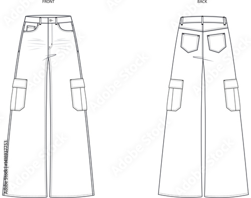 Women's high rise cargo pants technical flat sketch fashion design vector 